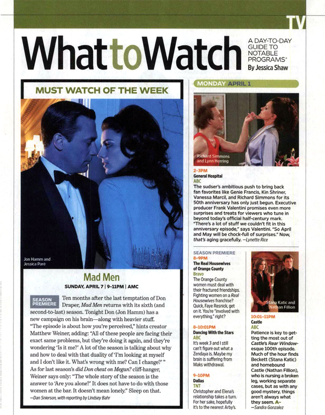 ENTERTAINMENT WEEKLY (Friday, April 5, 2013) What To Watch [by Adam Carlson]. Cybill Shepherd stars in The Client List.