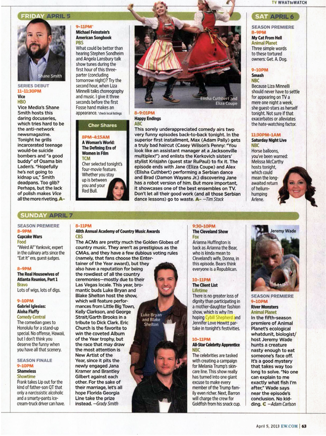 ENTERTAINMENT WEEKLY (Friday, April 5, 2013) What To Watch [by Adam Carlson]. Cybill Shepherd stars in The Client List.